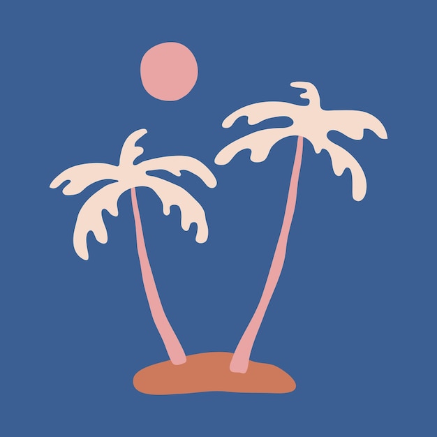 Ilustración de vectores de islas tropicales dibujadas a mano Atardecer en la playa con palmeras y mar