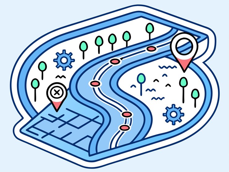 Vector ilustración de vectores de mapas isométricos marcadores de ubicación de rutas fluviales