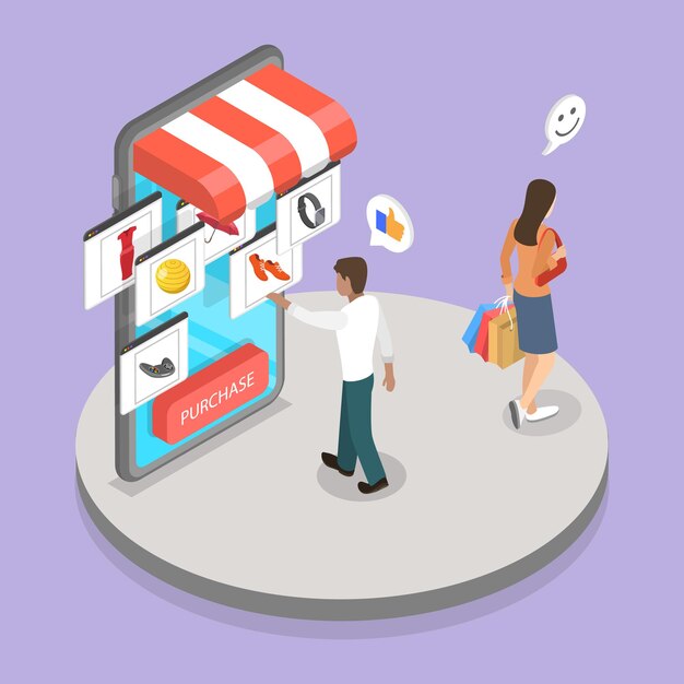 Ilustración de vectores planos isométricos 3D de las compras en línea
