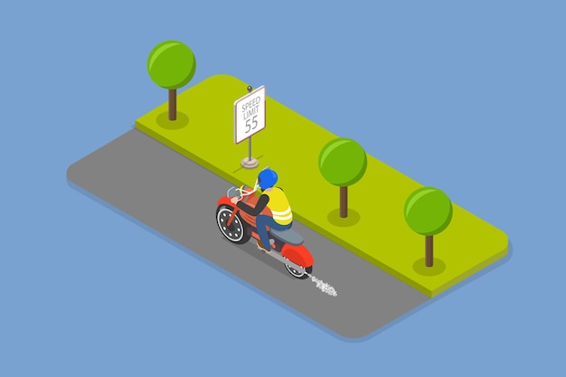 Ilustración de vectores planos isométricos 3D de consejos de conducción de motocicleta segura