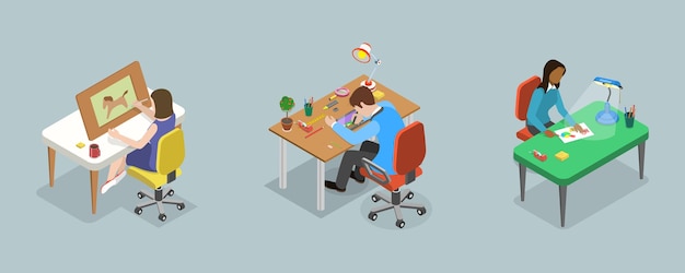Ilustración de vectores planos isométricos 3D de diseñadores en el trabajo