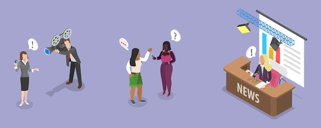 Ilustración de vectores planos isométricos 3D de los medios de comunicación