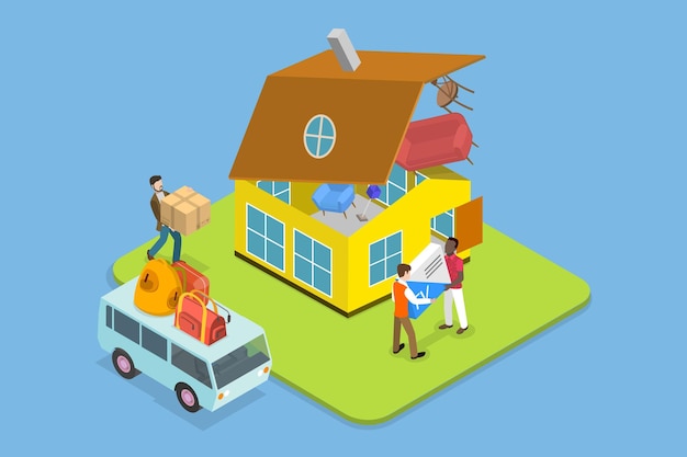 Ilustración de vectores planos isométricos 3D de mudarse a casa