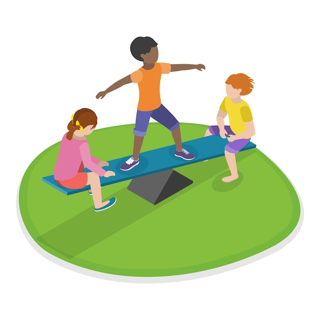 Ilustración de vectores planos isométricos 3D de niños jugando al aire libre