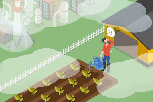 Ilustración de vectores planos isométricos 3D de los problemas agrícolas debidos al cambio climático