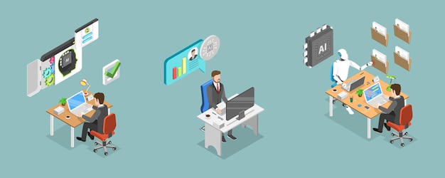 Ilustración de vectores planos isométricos 3D de los recursos humanos y la IA