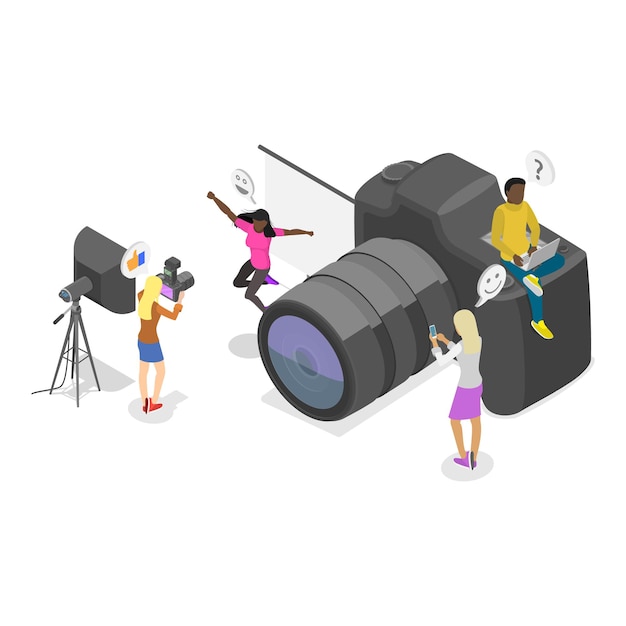 Ilustración de vectores planos isométricos 3D del taller de fotografía
