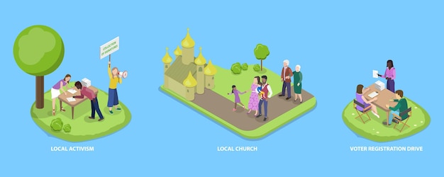 Ilustración de vectores planos isométricos 3D de la vida social del vecindario