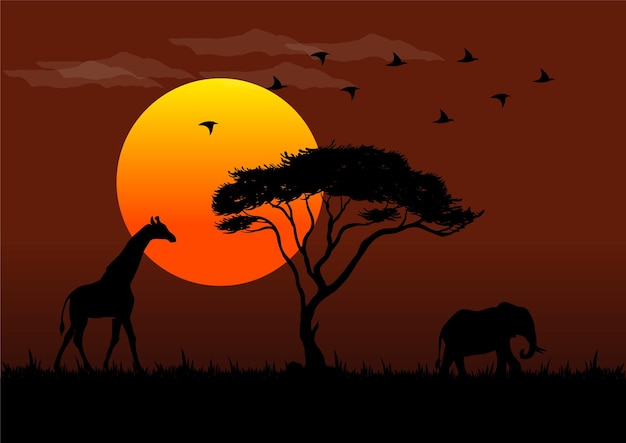 Ilustración de vectores de vida silvestre africana al atardecer