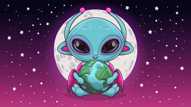 Ilustración vectorial 2d alienígena lindo sosteniendo esfera planta de la tierra cuerpo completo forma limpia y y línea