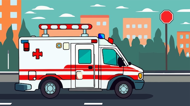 Ilustración vectorial 2d de una ambulancia roja y blanca conduciendo por una calle