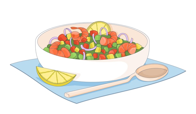 Ilustración vectorial 2D de los camarones ceviche mexicanos