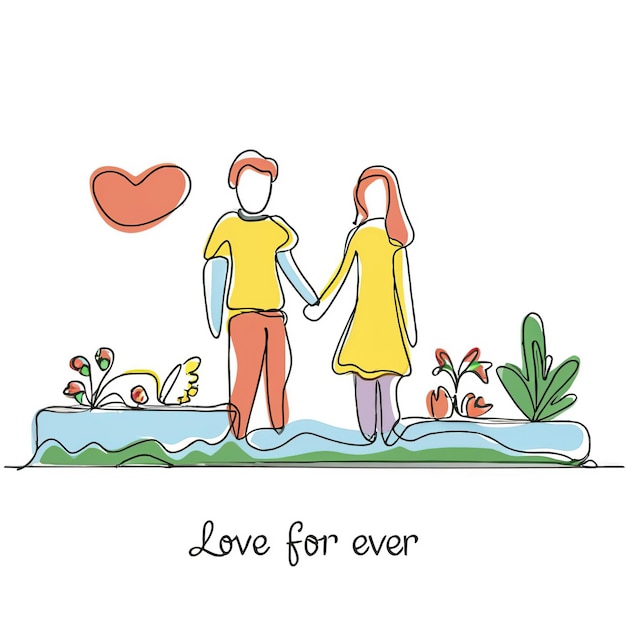 Ilustración vectorial 2d colorida dibujo continuo de texto de una línea amor para siempre