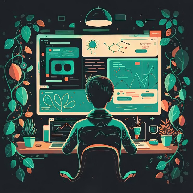 Vector ilustración vectorial 2d colorida en las redes sociales para aumentar la influencia del blogger emarketer a través de las páginas de internet