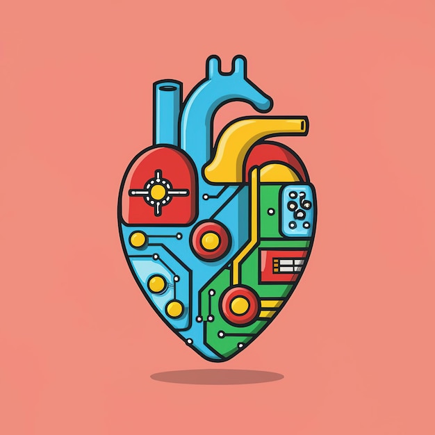 Ilustración vectorial 2D colorida La tecnología del corazón humano y los chips electrónicos