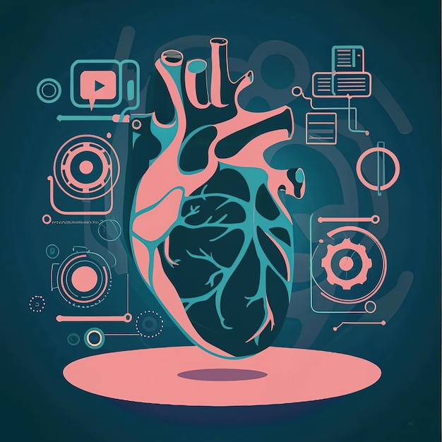Vector ilustración vectorial 2d colorida la tecnología del corazón humano y los chips electrónicos