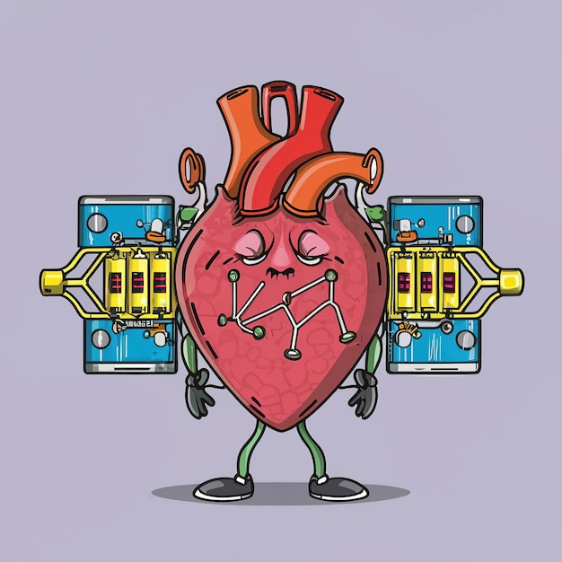 Vector ilustración vectorial 2d colorida la tecnología del corazón humano y los chips electrónicos