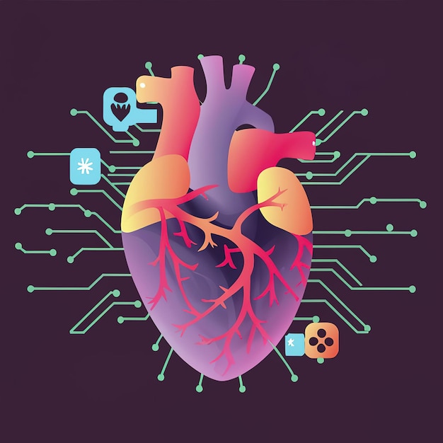 Vector ilustración vectorial 2d colorida la tecnología del corazón humano y los chips electrónicos