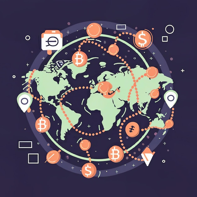 Vector ilustración vectorial 2d comercio colorido en el mapa del mundo dinero bitcoin cripto