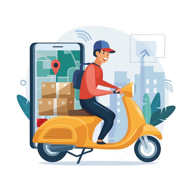 Ilustración vectorial 2d Un mensajero con camisa está entregando un paquete móvil con GPS de ubicación