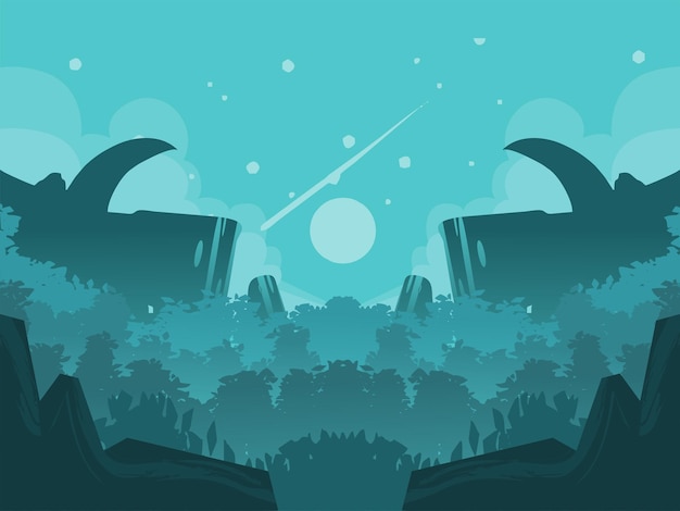 ilustración vectorial 2d paisaje de montañas con árboles y luna