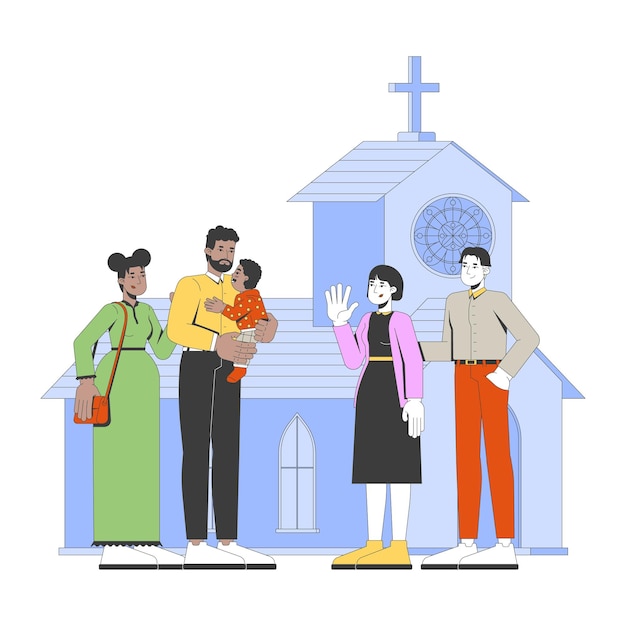 Ilustración vectorial 2D del servicio dominical de la iglesia local