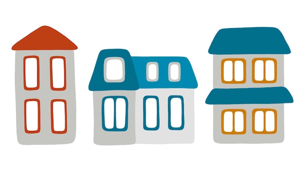 Ilustración vectorial de 3 casas de dibujos animados en colores gris, azul, rojo y marrón para iconos, pegatinas