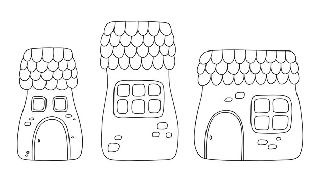 Ilustración vectorial de 3 casas de hadas. Dibujo para colorear
