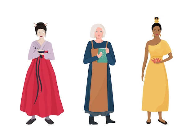 Vector ilustración vectorial de 3 chicas de tailandia, china y escandinavia. mujeres de asia y europa, tradiciones y costumbres