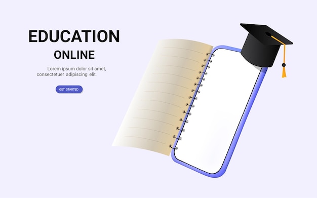 Ilustración vectorial 3D de la educación en línea a través de un teléfono inteligente con tapa de graduación Biblioteca electrónica Aula digital Curso de formación en línea Curso en línea Aprendizaje a distancia Ilustración vector 3D