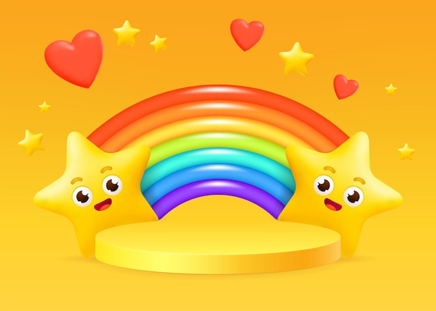 Ilustración vectorial 3D de estrellas de dibujos animados de colores con un arco iris con pedestal de cilindro