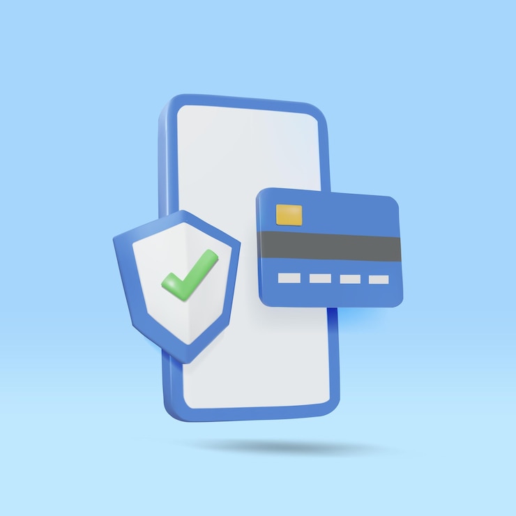 Vector ilustración vectorial 3d del icono azul del teléfono móvil tarjeta de crédito y escudo protector con marca de comprobación verde concepto sobre pagos en línea seguros seguridad financiera y fiabilidad en las transacciones