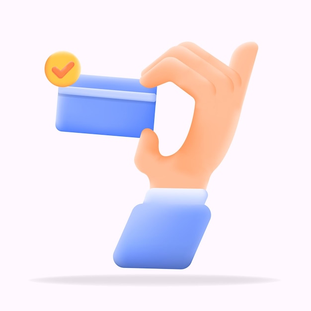 Ilustración vectorial 3D Pago seguro con una mano que sostiene una marca de verificación de tarjeta de crédito para su aprobación