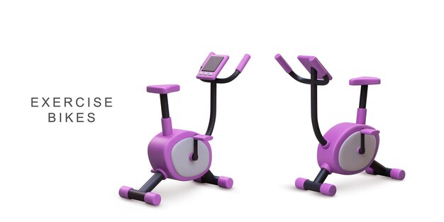 Ilustración vectorial 3D realista de dos bicicletas de ejercicio lila sobre fondo blanco