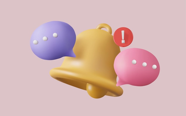 Ilustración vectorial 3D del sonido de la campana de notificación con burbuja de voz y elemento de redes sociales Nuevo mensaje Nueva alerta Notificación de recordatorio Nuevo concepto de notificación Estilo minimalista de dibujos animados Eps 10