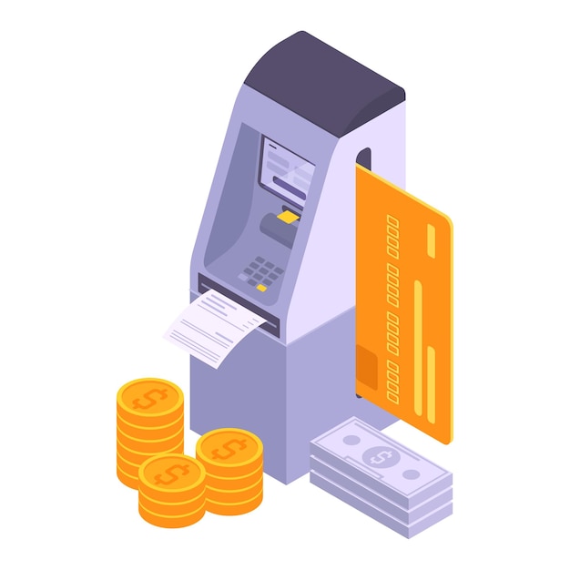 Ilustración vectorial 3D de terminal bancario isométrico Pago bancario o cambio de moneda ATM en blanco