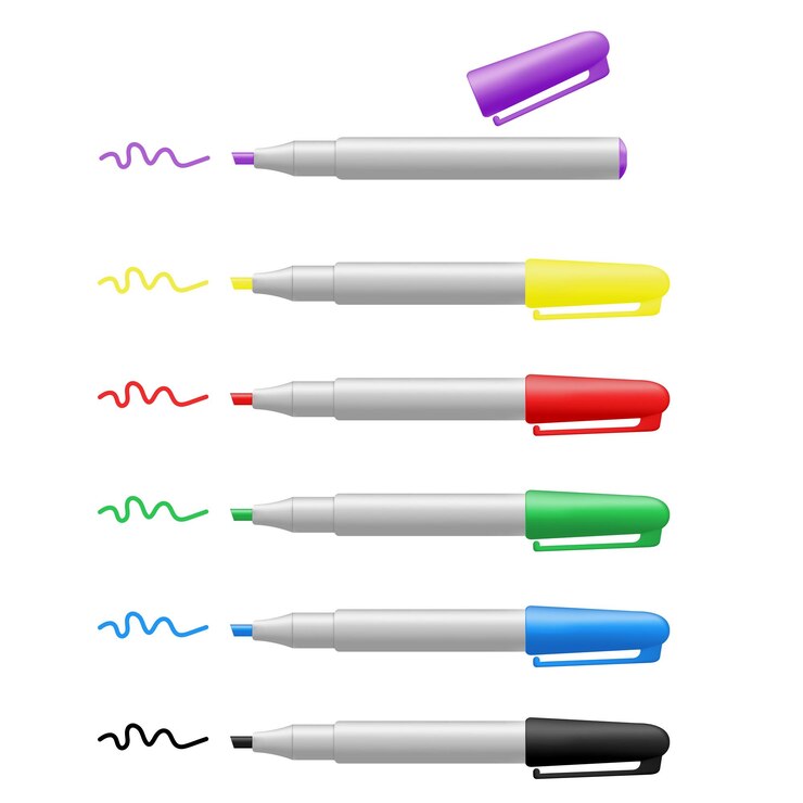 Vector ilustración vectorial de 6 marcadores de colores realistas sobre un fondo blanco papelería y útiles escolares