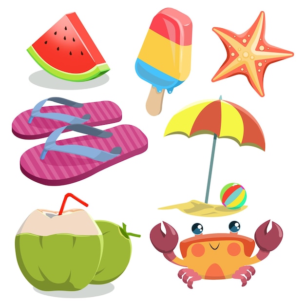 ilustración vectorial de 7 conjuntos de objetos de horario de verano