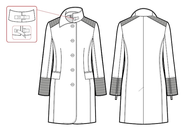 Ilustración vectorial de un abrigo femenino con inserciones de cuero delantero y trasero