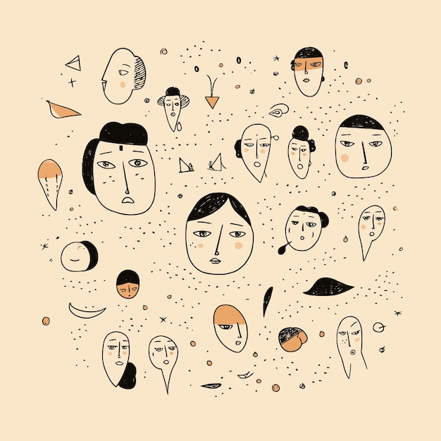 ilustración vectorial abstracta dibujada a mano en concepto de caras de dama