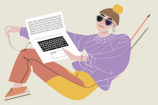 Ilustración vectorial abstracta de una mujer joven trabajando en una computadora portátil