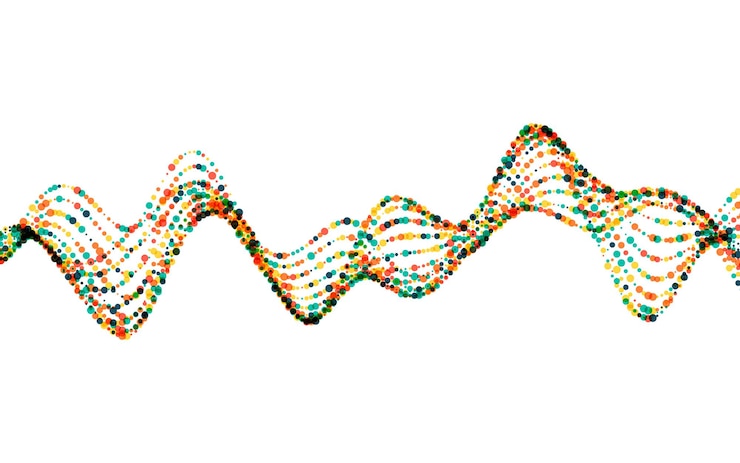 Vector ilustración vectorial abstracta de ondas con partículas sobre fondo blanco. fondo futurista con líneas de muchos puntos. diseño de patrones para carteles, portadas, pancartas, carteles