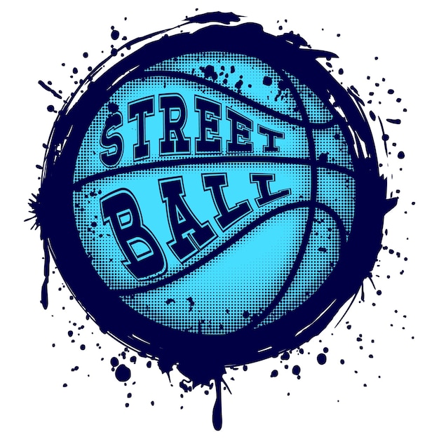 Vector ilustración vectorial abstracta pelota de baloncesto azul sobre fondo grunge inscripción streetball diseño para tatuaje o camiseta impresa