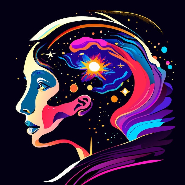 Ilustración vectorial abstracta perfil humano fusionándose con la majestuosidad de las galaxias