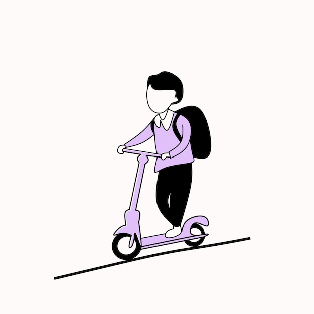 Ilustración vectorial abstracta simple de regreso a la escuela niño montando scooter
