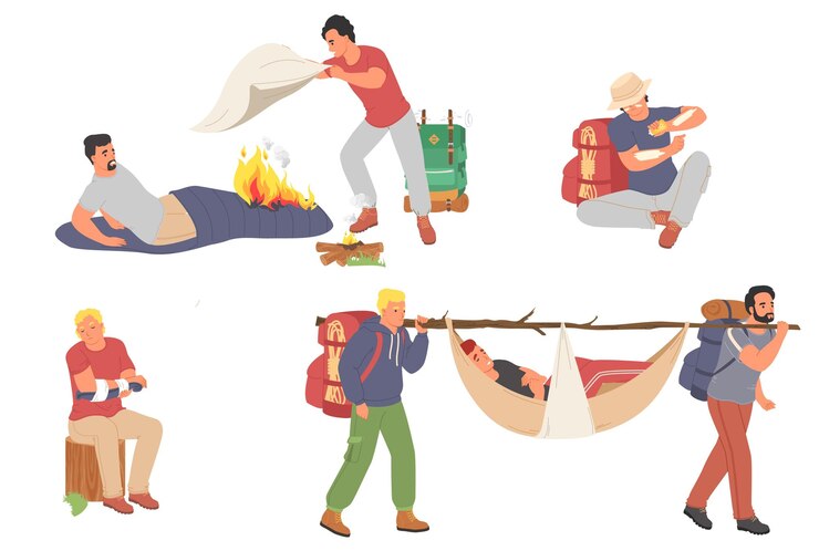 Vector ilustración vectorial de accidentes con personas durante el campamento
