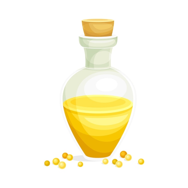 Ilustración vectorial de aceite amarillo de mostaza vertido en un frasco de vidrio tapado y grano o semillas esparcidas