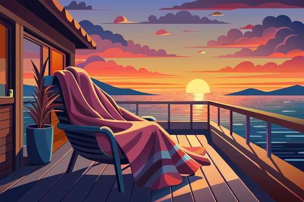 Ilustración vectorial de una acogedora terraza de madera con una silla cubierta con una manta con vistas a una puesta de sol panorámica detrás de las montañas y un lago sereno rodeado de exuberante vegetación