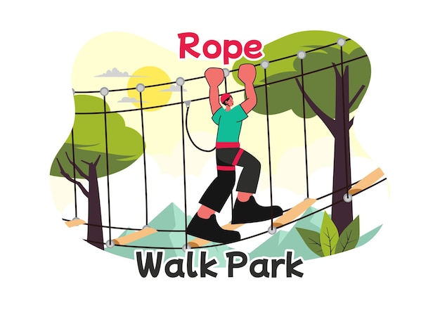 Ilustración vectorial de una actividad de aventura para niños Escalada de cuerdas en altura Superación de obstáculos con equipos seguros