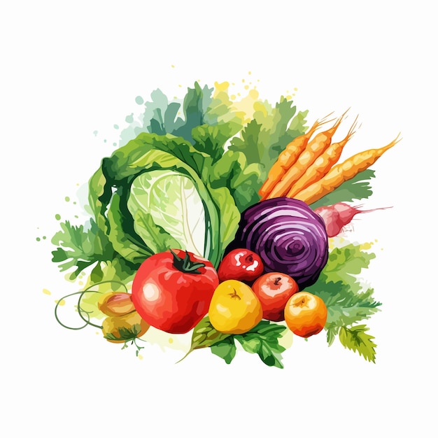 Ilustración vectorial de acuarela de un conjunto de verduras